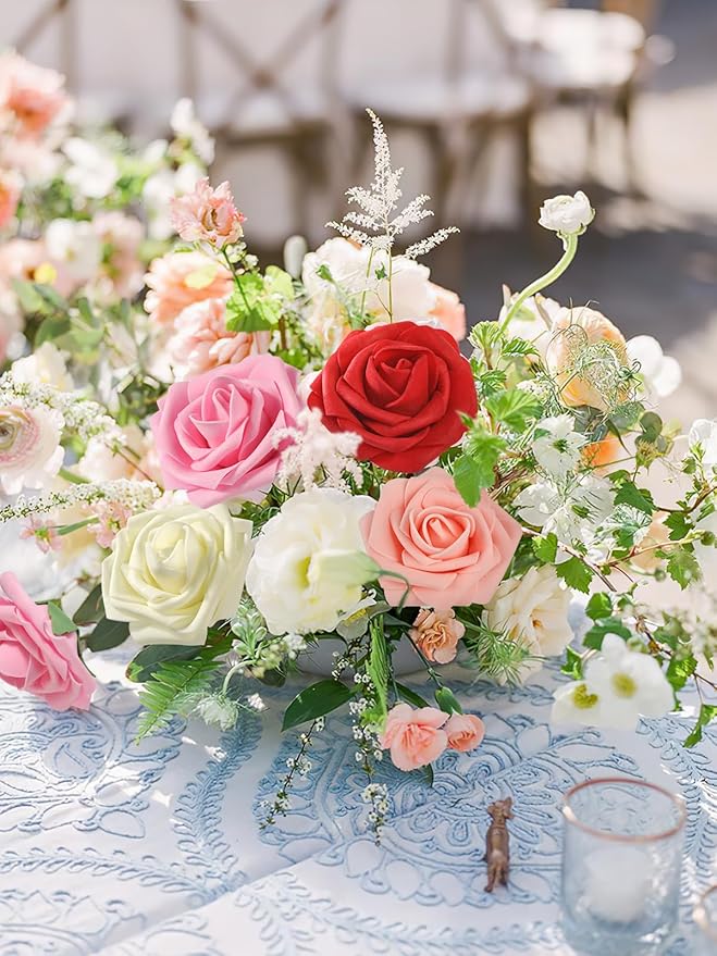 MACTING Artificial Rose Flowers 30PCS Fake Flowers with Stem Real Touch Soft Foam Rose Wedding Bouquet Baby Shower Table Centerpieces Home Spring Summer Decor(Gradual Red Series)