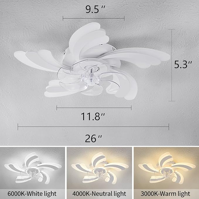 Ceiling Fan with Lights Remote Control, White Flower Ceiling Fan with Light, 3 Light Color 6 Speeds Low Profile Flush Mount Ceiling Fan for Kitchen Bedroom Living Room