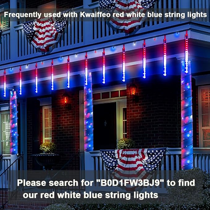 Kwaiffeo 4th of July Decorations Outdoor, Red White Blue Meteor Shower Lights for Independence National Memorial Day, Patriotic Flag Lights, 8 Tubes
