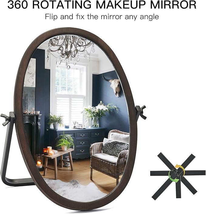 Vanity Table Makeup Mirror-Desk Small Standing Vintage Mirrors 360° Adjustable Rotation, Bronze Wood Framed for Dressing Table,Bedroom, Bathroom,Tabletop,Antique,Desktop 11.8'' x 7.8''