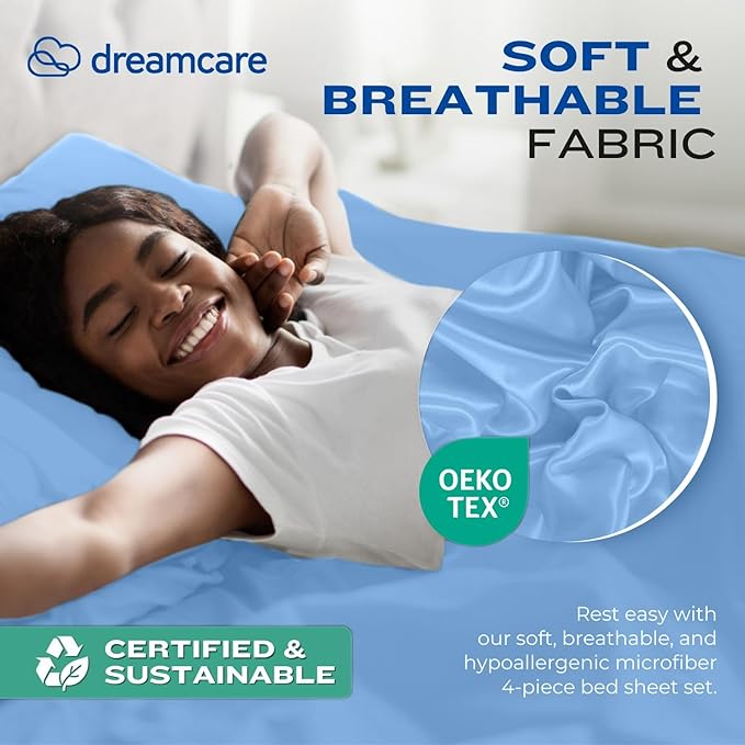 DREAMCARE Sheet Set - 4pcs Cooling Microfiber, Deep Pocket King, Hotel Luxury, Soft 100% Fine Microfiber with Side Pocket - Light Blue