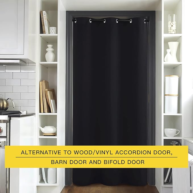 NICETOWN Faux Folding Accordion Doors, Front Door Curtains for Doorway, Privacy Blackout Living Room Bedroom Divider/Sliding Patio Decoration (1 Panel, 9ft Tall x 5ft Wide, Black)