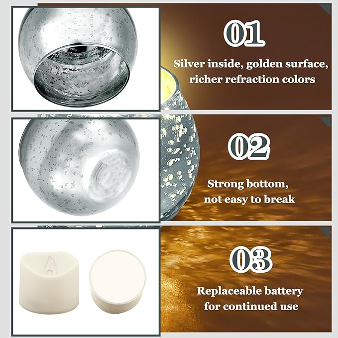 Rtteri 12 Set Votive Candle Holders Wedding Centerpiece Table Decorations Speckled Mercury Glass Votive Candle Holders with Tea Lights Birthday Party Decorations for Home (Silver)