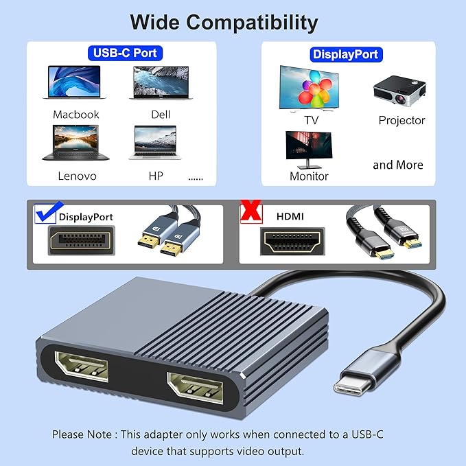 USB C to Dual Displayport Adapter for Mac/Dell/HP Laptop, 4K@60Hz Displayport Splitter 1 in 2 Out for Dual Monitors Extended Display, USB C to Display Port Cable, Dual Monitor Adapter, MST Hub