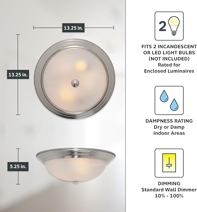 DESIGNERS FOUNTAIN Reedley 2-Lights Flush Mount Ceiling Light, 13 Inch Lighting Fixture for Kitchen, Bedroom, Bathroom, and Hallway, White Alabaster Glass, Satin Platinum, 1257M-SP-AL