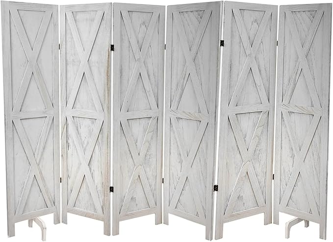Premium Home 6-Panel Room Divider – Rustic White Barn Door, X Pattern Folding Privacy Screen, Partition Wall