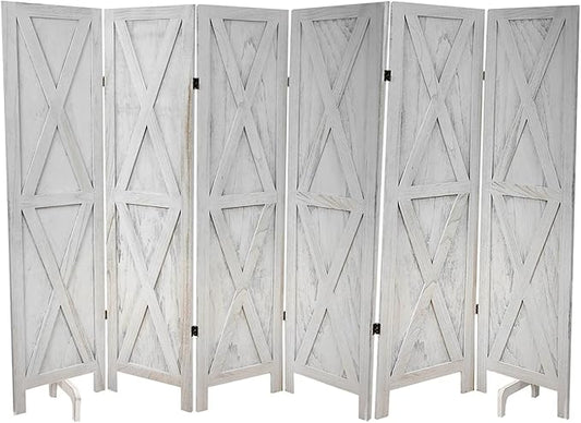 Premium Home 6-Panel Room Divider – Rustic White Barn Door, X Pattern Folding Privacy Screen, Partition Wall