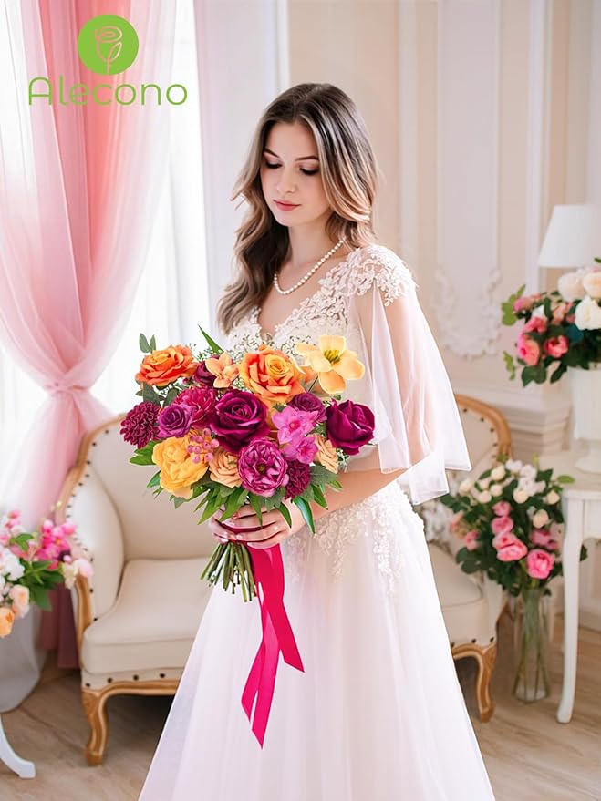 Alecono Artificial Flowers, Hot Pink and Orange Silk Fake Flowers for DIY Wedding Bridal Bouquets, Wedding Cake Flowers for Table Centerpieces Party Home Decorations