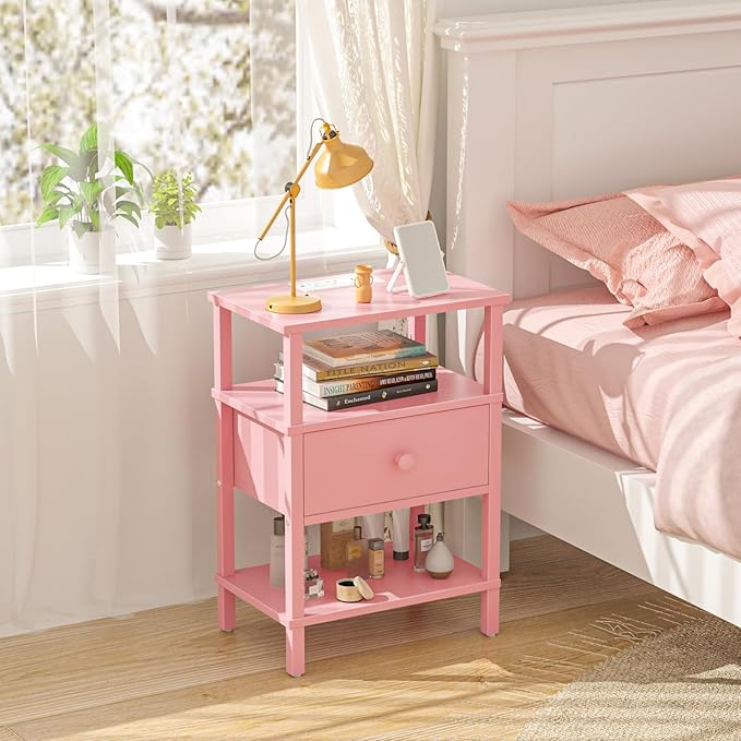 Lerliuo Nightstand with Charging Station and USB Ports, 3-Tier Storage Pink End Table with Drawer Shelf, Night Stand for Small Spaces, Wood Bedside Table for Living Room, Bedroom - ‌Light Pink