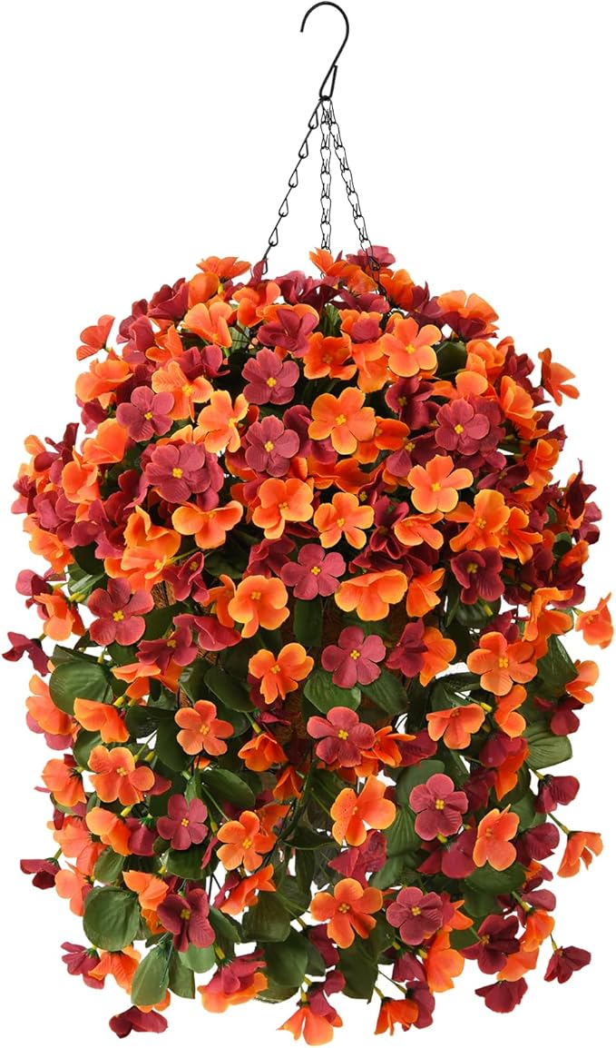 Artificial Fake Hanging Plants Flowers Basket for Fall Autumn Outdoor Decoration,Faux Silk Begonia in Planter UV Resistant Realistic for Outside Home Porch Patio Balcony Yard Decor