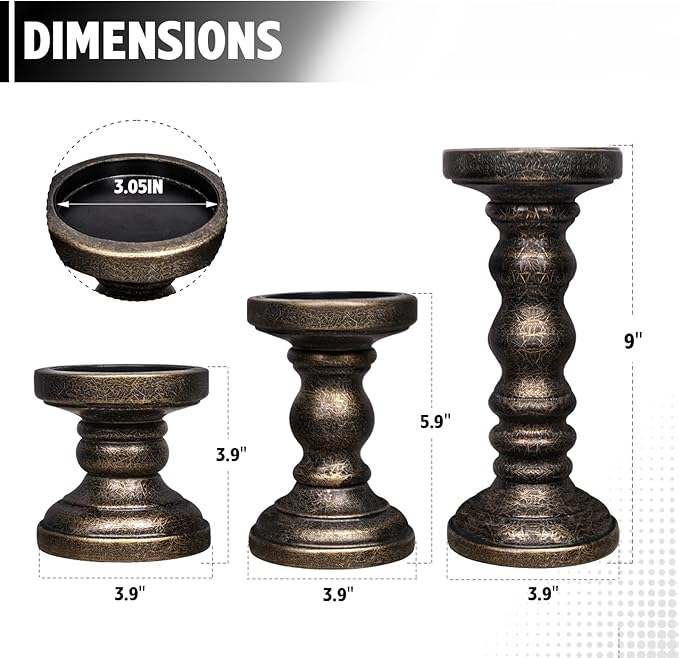 Candle Holder for Pillar Candle Set of 3, Farmhouse Wood Candle Holder, Rustic Wooden Candle Stand, Vintage Tall Candle Stand Decorative for Living Room, Table Centerpiece, Black Gold