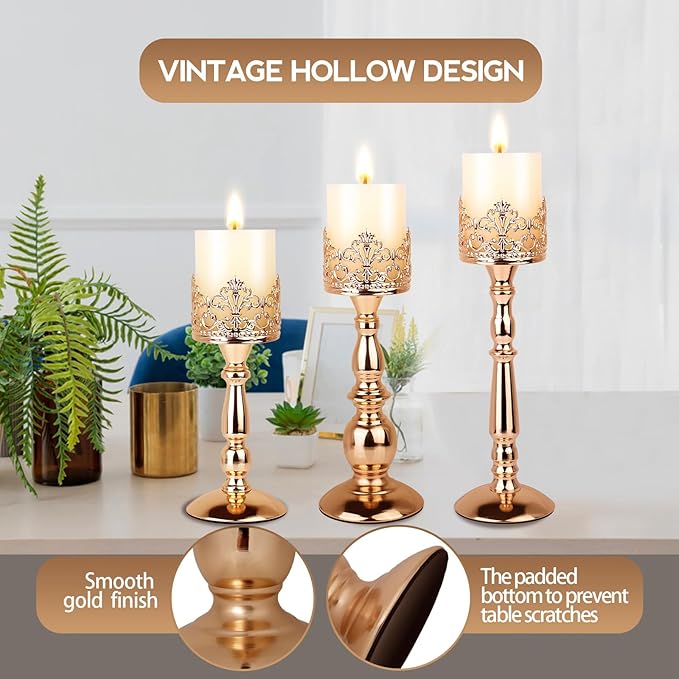 Candle Holders for Pillar Candles Set of 3 Gold Vintage Tall Candle Holders Decorative Large Table Centerpieces Candle Stand Decor