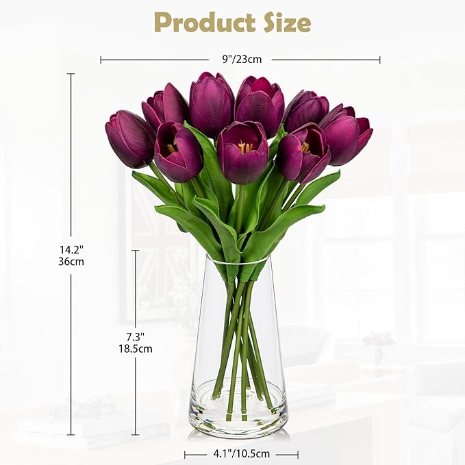 Fake Tulips Artificial Tulip Flowers in Glass Vase with Faux Water, 14.2" Real Touch Purple Tulip Flowers Décor for Table Centerpiece Home Farmhouse Resto Wedding Decoration