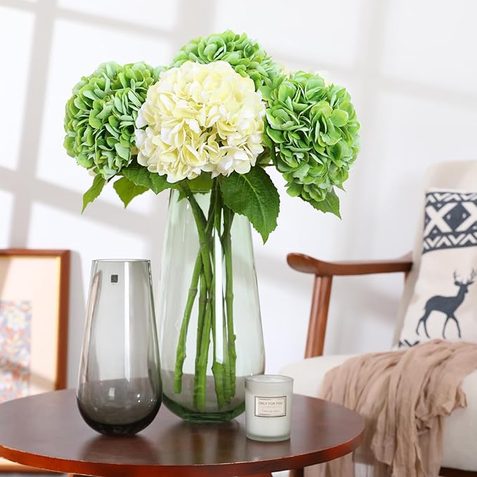 Nubry 22.44In Beige Hydrangea Artificial Flowers,4Pcs Latex Faux Real Touch Large Hydrangea Flowers with Long Stems & Leaves for Home Office Decor Wedding Party Arrangements(Beige)
