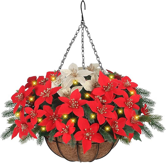 Florielle Artificial Fake Christmas Hanging Flowers Plants Basket with LED Lights, Faux Poinsettia, Pine Branches, for Outdoor New Year Xmas Decoration, Porch Home Holiday Decor (Green)
