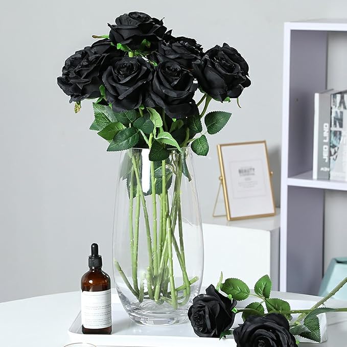 Black Roses Artificial Flowers 10 Pack in Bulk, Black Fake Roses Flowers Realistic Roses for Halloween Gothic Wedding Home Party Decoration Event Gift