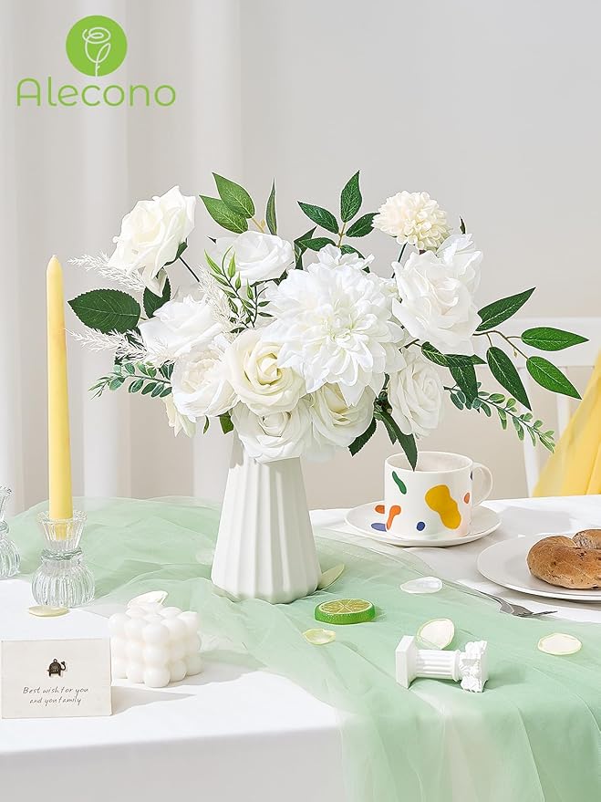 Alecono Artificial Flowers, White Silk Fake Flowers for DIY Wedding Bridal Bouquets, Cake Flowers for Table Centerpieces Baby Shower Party Home Decorations