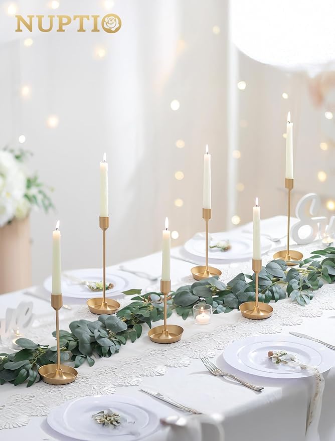 NUPTIO Taper Candle Holders for Centerpiece: 3 Pcs Matte Gold Candlestick Holder for Wedding - Brass Tall Candle Stick Holder for Christmas Party Dinner Table Fireplace Decor