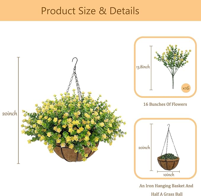 Artificial Hanging Flowers Basket for Outdoor, 16 Fake Flowers Look Real UV Resistant, Faux Hanging Plants for Porch, Balcony, Patio, Garden, Spring Summer Decor,Yellow