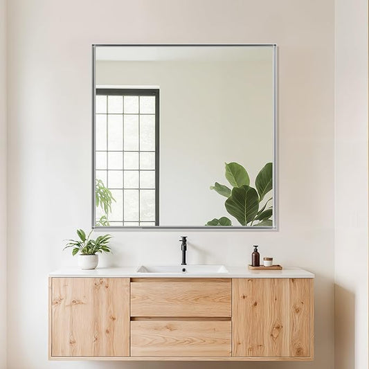 Suidia Bathroom Mirror, 30" x 30" Rectangular Wall Mirror, Metal Framed Wall Decor Wall-Mounted Mirrors for Bathroom, Bedroom, Living Room, Entryway, Silver