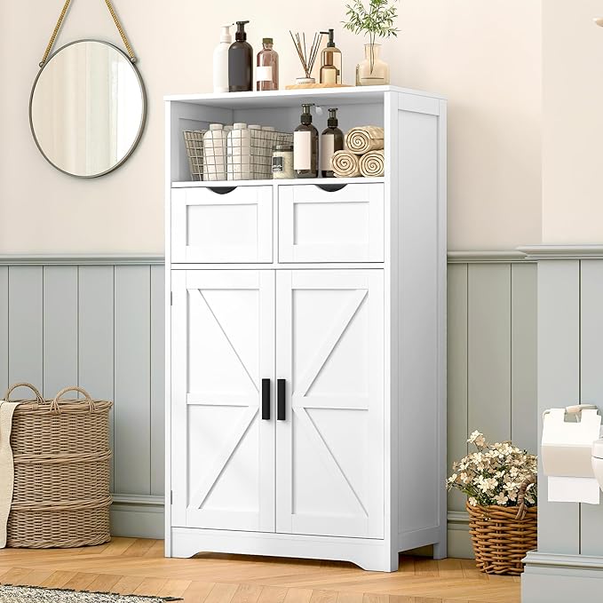 WEENFON Bathroom Cabinet with Adjustable Shelf, Storage Cabinet with 2 Doors & 2 Drawers, Cupboard, for Living Room, Hallway, White