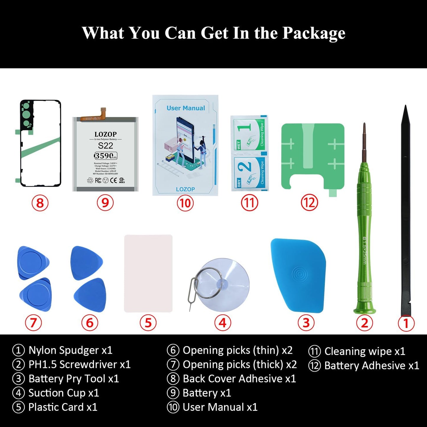 S22 Battery Replacement Kits for Samsung Galaxy S22 5G SM-S901U/U1/N/B/W with Repair Tools Kit and Manual