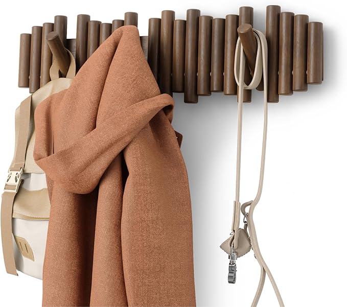 Umbra Picket Coat Rack with 8 Hooks – Walnut Wall-Mounted Coat Rack with Flip-Down Wooden Hooks, Real Pine Wood Decorative Wall Storage for Jackets, Hats, Scarves, Bags, Entryway, Bedroom Living Room