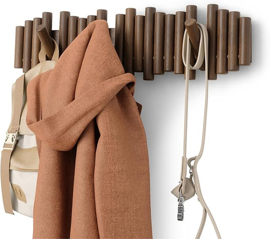 Umbra Picket Coat Rack with 8 Hooks – Walnut Wall-Mounted Coat Rack with Flip-Down Wooden Hooks, Real Pine Wood Decorative Wall Storage for Jackets, Hats, Scarves, Bags, Entryway, Bedroom Living Room