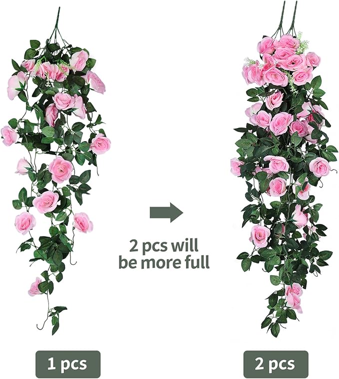 RECUTMS Artificial Hanging Rose Flower 4PCS Vine Plants with 30 LED Fairy String Lights Fake for Indoor Outside Garden Porch Farmhouse (Pink)