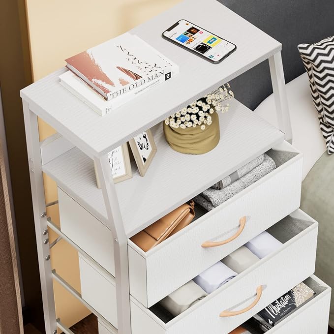 Furnulem White Dresser with 5 Drawers, Vertical Storage Tower Fabric Dresser for Bedroom, Hallway, Entryway, Nursery, Closet Organizer, Nightstand Bedside Table Furniture, Sturdy Steel Frame, Wood Top
