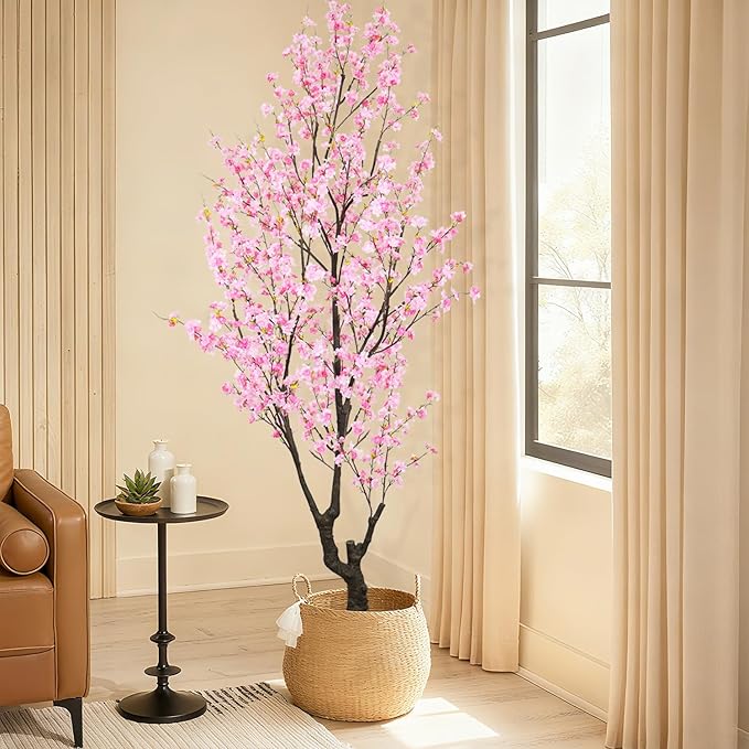 Faux Pink Cherry Blossom Tree 8ft(94in) Tall Artificial Plant Indoor Decor Handmade Natural Sakura Tree for Wedding Realistic Cherry Plant in Pot for Home Living Room,Office,Outdoor Decor.