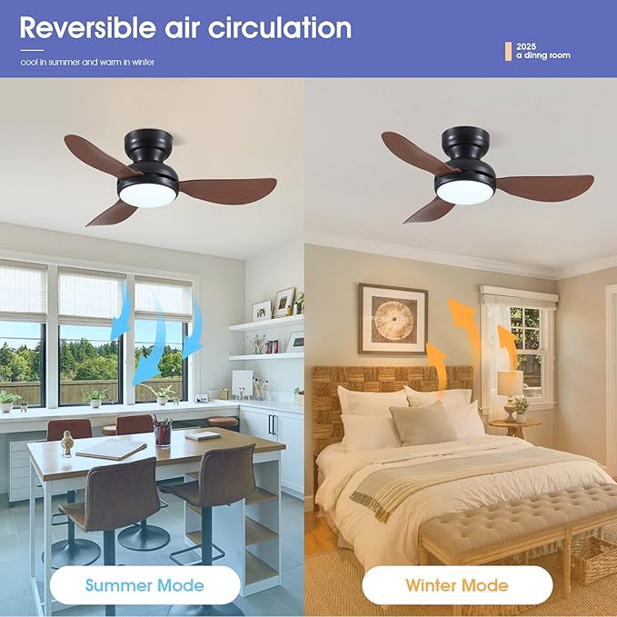 36 Inch Modern Ceiling Fans with Lights, Small Flush Mount Ceiling Fan with Light and Remote/APP Control, 3 Reversible 6 Speeds Curved Blades, 3 CCT Dimmable Lights for Bedroom, Brown