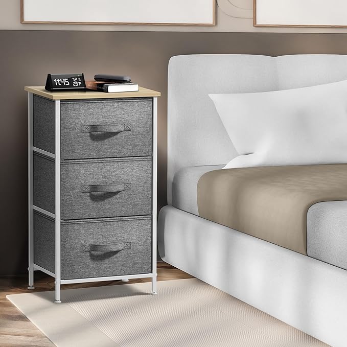 Sorbus Nightstand with 3 Drawers - Bedside Furniture & Night Stand End Table Dresser with Steel Frame, Wood Top, Easy Pull Fabric Bins for Home, Bedroom Accessories, Office & Dorm