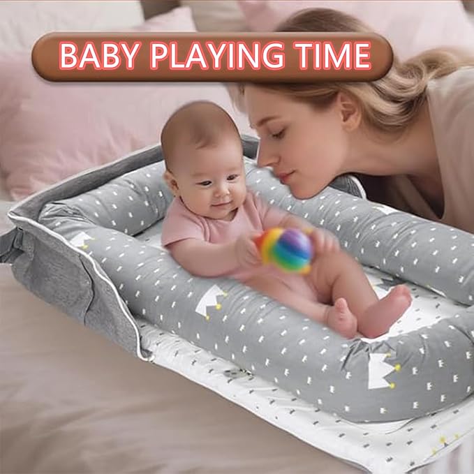 Baby Lounger for Newborn Portable Bag,Baby Nest Play Gym mat with Strap,Newborn Lounger Adjustable Size & Inner Zipper Lengthen Space to 24 Months(Pink Polka Dots)