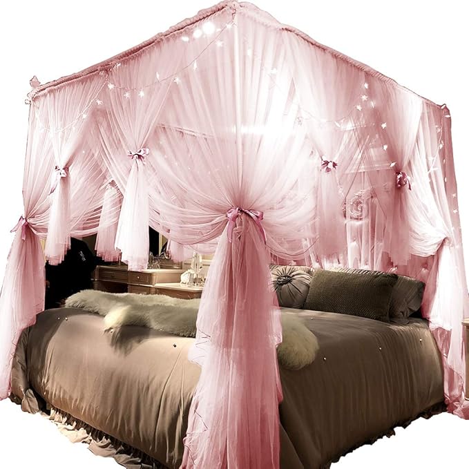 Joyreap 4 Corners Post Pink Canopy Bed Curtain for Girls & Adults - Twin Size Royal Luxurious Cozy Drape Netting- Cute Princess Bedroom Decoration Accessories