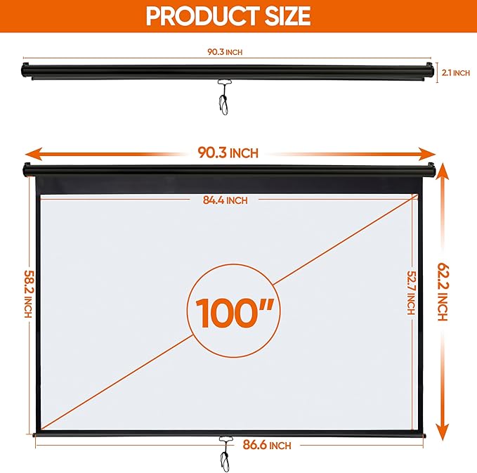 100 Inch Projection Screen Outdoor Indoor 16:10 HD Foldable Manual Pull Down Projector Screen for Movie Home Backyard Theater Cinema Office Video Game, Black