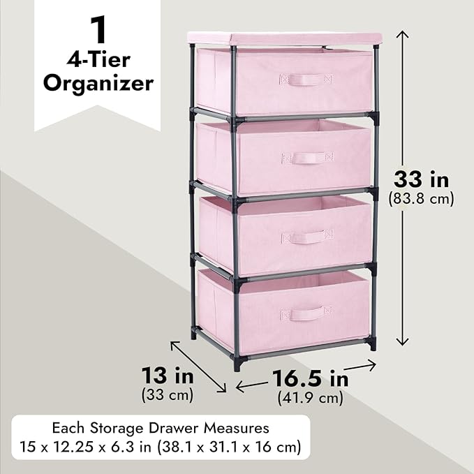 Juvale 4-Tier Dresser for Bedroom - 16.5 x 13 x 33 in, Pink, Modern - Closet Dresser with 4 Fabric Drawers for Clothes & Bedroom Storage