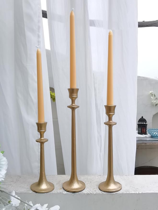 Iron Taper Candle Holder - Set of 3 Decorative Candle Stand - Candlestick Holder for Wedding, Dinning, Party - Antique Brass