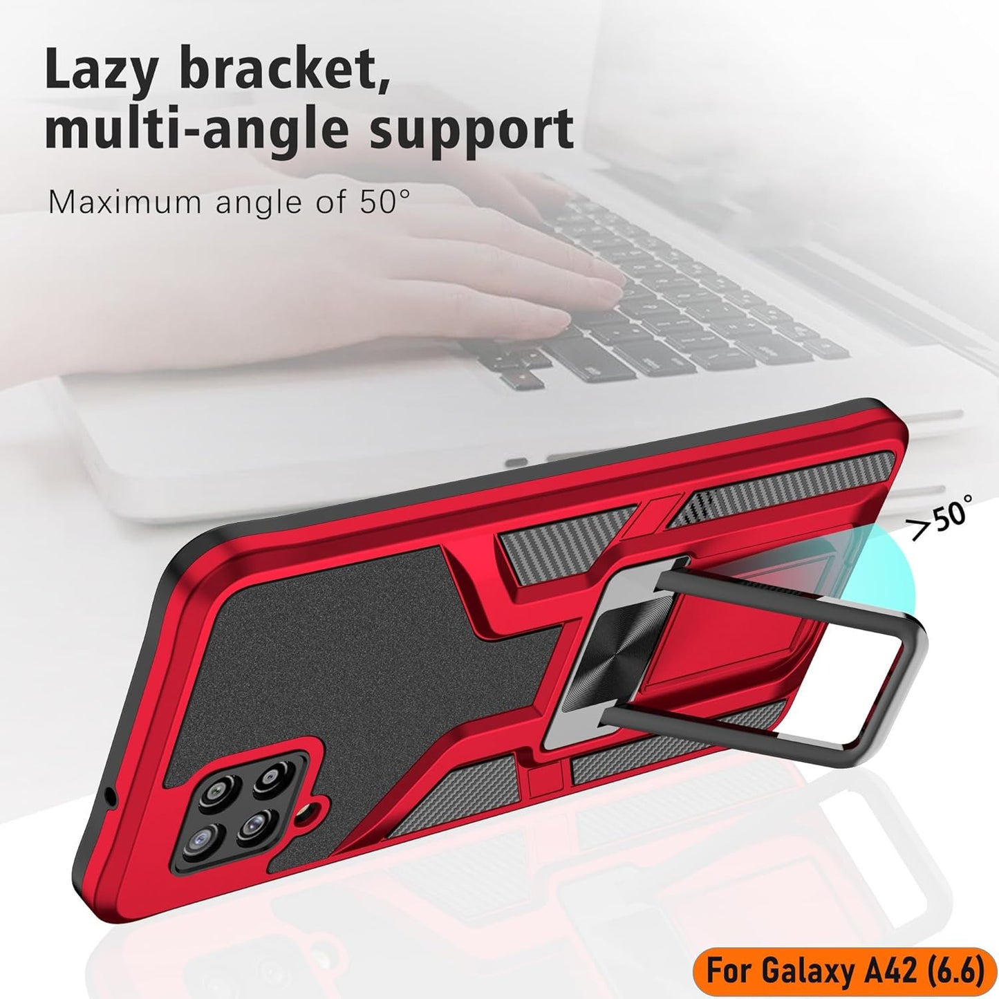 LMDAMZ Heavy Duty Shockproof Kickstand Case for Samsung Galaxy A42 5G, Double Protection (TPU+PC) 6.6 Inch - Red
