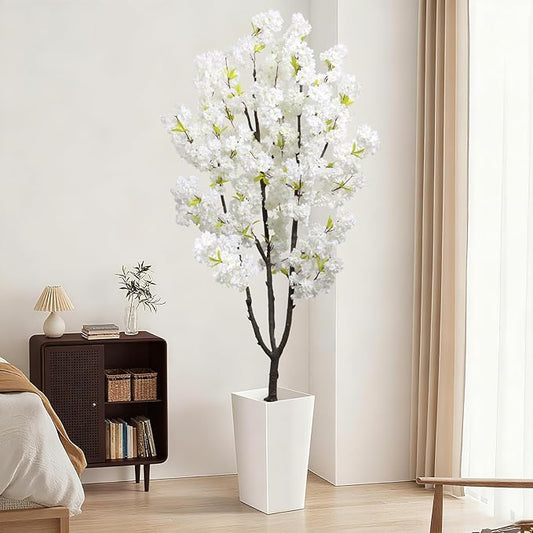 Faux White Cherry Blossom 6ft(72in) Artificial Floor Plant for Indoor Decor Natural Potted Tree with Texture Flowers and Realistic Wood Trunk for Home Living Room,Office Perfect Housewarming Gift