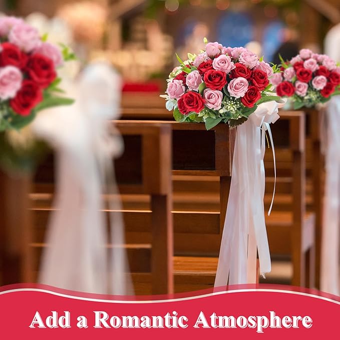 Zeyune 8 Pack 12 Inch Wedding Bouquets for Bride Bridesmaid Red and Pink Artificial Rose Bouquet Fake Silk Roses Flowers Bunches Bulk for Home Office Garden Parties Decoration