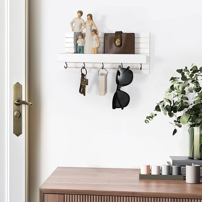 Decorative Key Holder for Wall with Shelf, Entryway Shelf with Hooks Holds Leashes, Jackets and Glasses – Sturdy Wood Keyholder Entrance Hanger with Mounting Hardware (White, Medium)