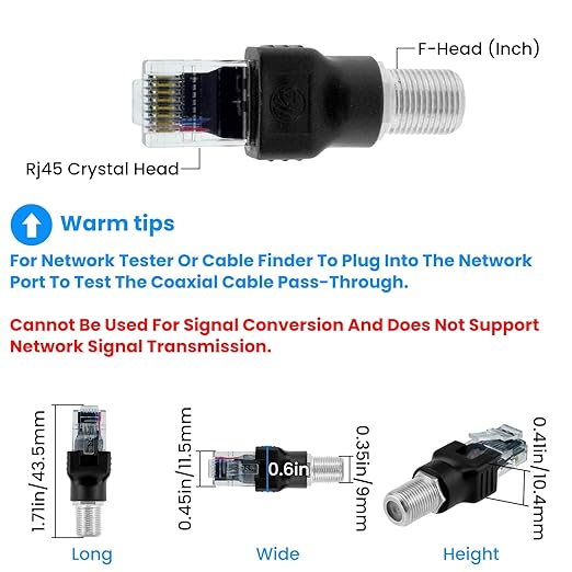 2PCS F-Type Female to RJ45 Male Coaxial Connector Ethernet Adapter | Coax Straight Connector Only for Cable Line Tester | Not Support Signal Conversion or Ethernet Transmission
