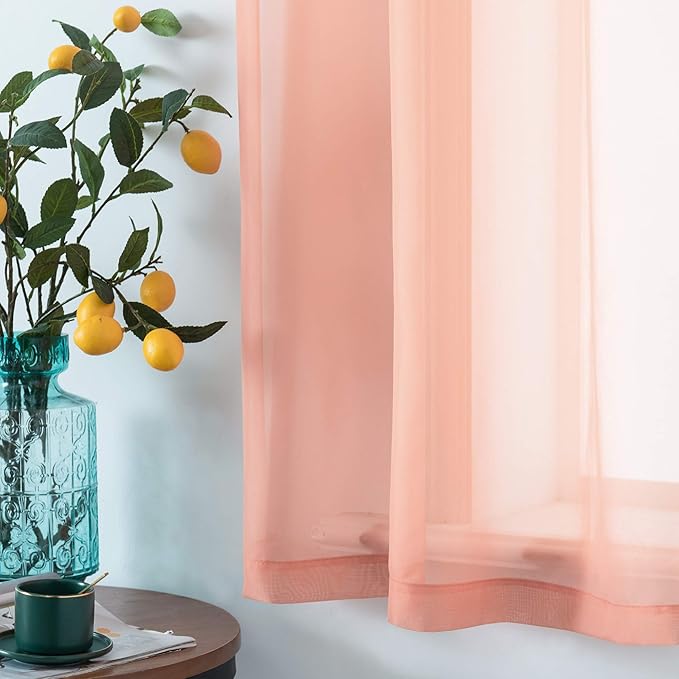 DUALIFE Coral Curtains 63 Inch Length for Girls Bedroom Decor 2 Panels Set Grommet Lightweight Gauzy Drapes Orange Coral Sheer Curtains for Living Room Kids Nursery 52x63 Inches