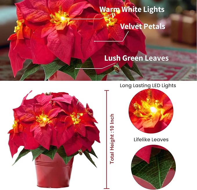 2 Pack Lighted Artificial Poinsettias for Outdoors LED Poinsettia Flowers Artificial Faux Poinsettia Plants Poinsettia Christmas Decorations for Holiday Home Kitchen Decor(10 inch)