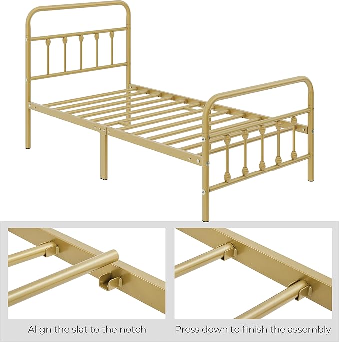 Yaheetech Classic Metal Platform Bed Frame Mattress Foundation with Victorian Style Iron-Art Headboard/Footboard/Under Bed Storage/No Box Spring Needed/Twin Size Antique Gold