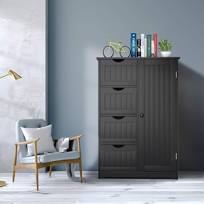 Giantex Bathroom Storage Cabinet with Drawers - 4 Drawer Storage Organizer w/Cupboard, Adjustable Shelf, Anti-Toppling Device, Entryway Storage Unit Console Table, Bathroom Floor Cabinet (Black)