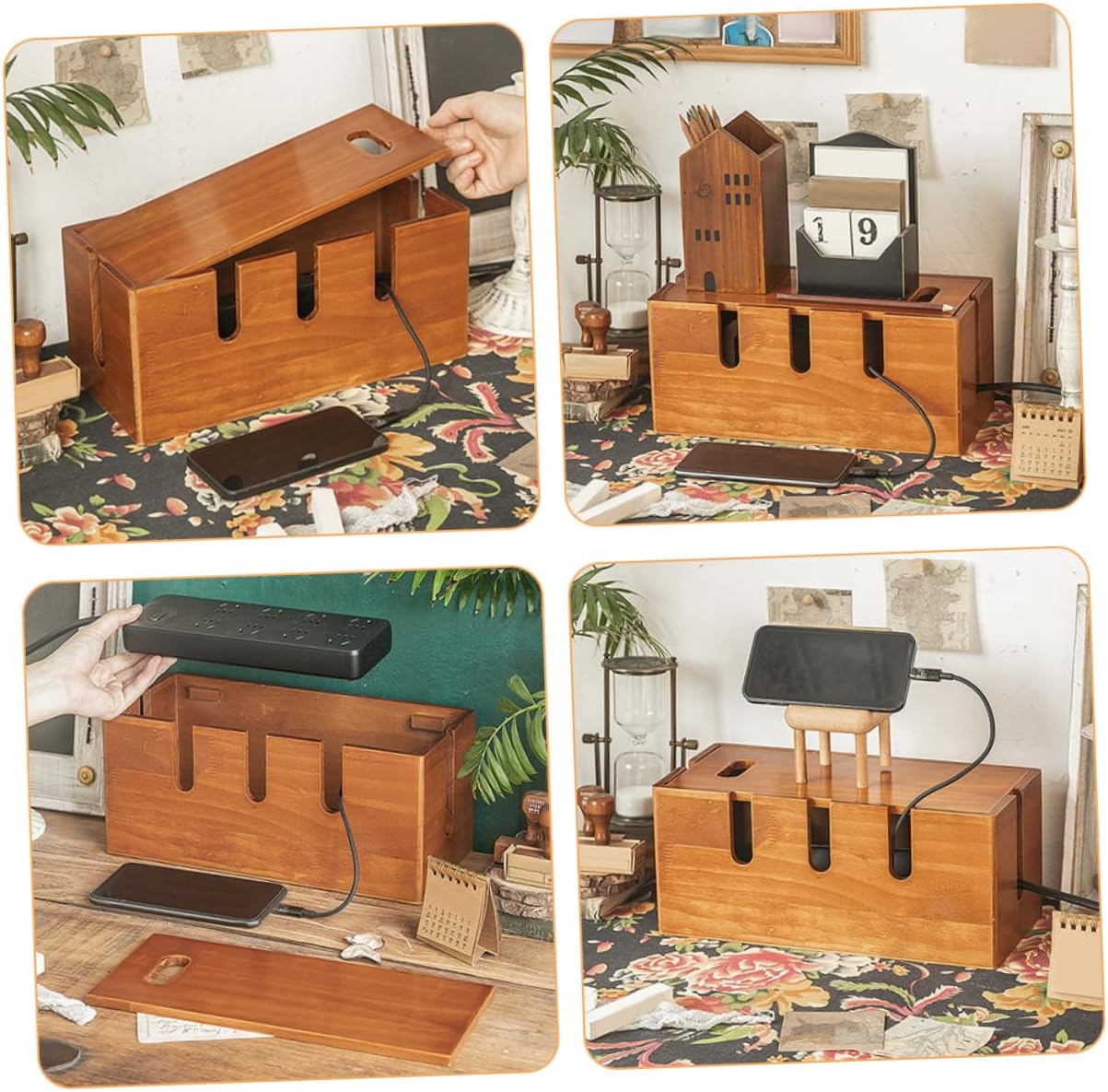 Zerodeko Wooden Cable Management Box, Cord Organizer for Phone Charger, Wire Organizer Container, Desk WiFi Storage Rack