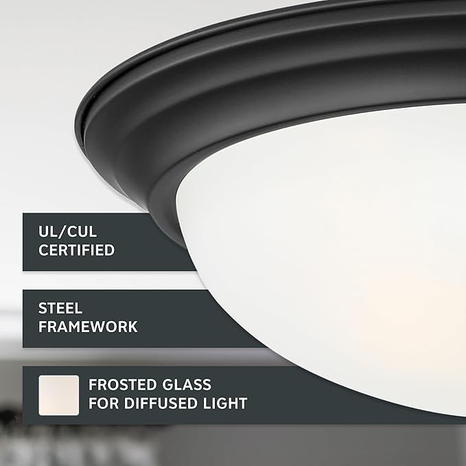 DESIGNERS FOUNTAIN Reedley 2-Lights Flush Mount Ceiling Light, 13 Inch Lighting Fixture for Kitchen, Bedroom, Bathroom, and Hallway, Matte Black with Etched Glass, 1257M-MB-W