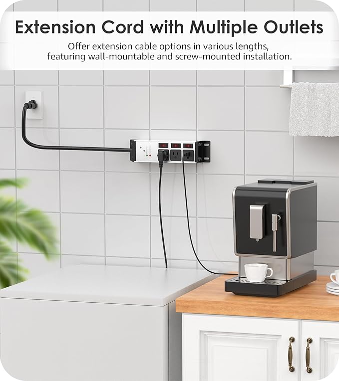 CCCEI 3 Outlet Heavy Duty Surge Protector Power Strip 20 Amp Individual Switches. 12 Gauge Extension Cord, Overload, Ground Protection. Garage Wall Mount Electric Extender, 4FT, Silver.